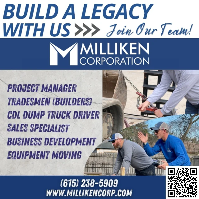 We're growing, and we're looking for great people to grow with us.

If you're ready to build a career with a team that values hard work, leadership, and excellence, we'd love to hear from you.

Apply online at www.millikencorp.com, call (615) 238-5909, or reach out directly to our hiring coordinator at reagan@millikencorp.com with any questions.

Know someone who'd be a great fit? Tag them below or share this post!
#hiring #tn #themillikencorporation